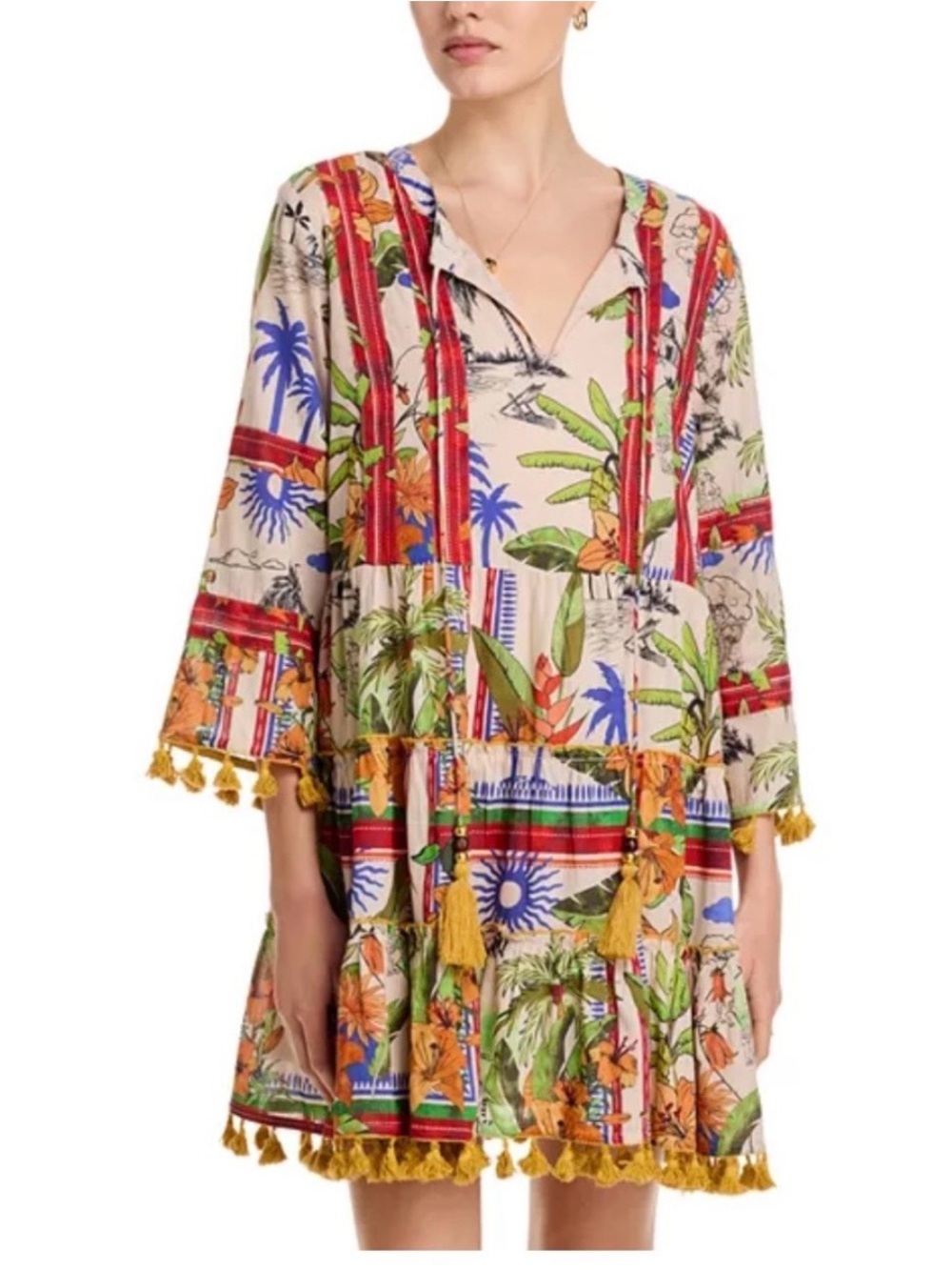 Tassel-Trim Floral Tiered Dress in Multi-Color Tropical Print